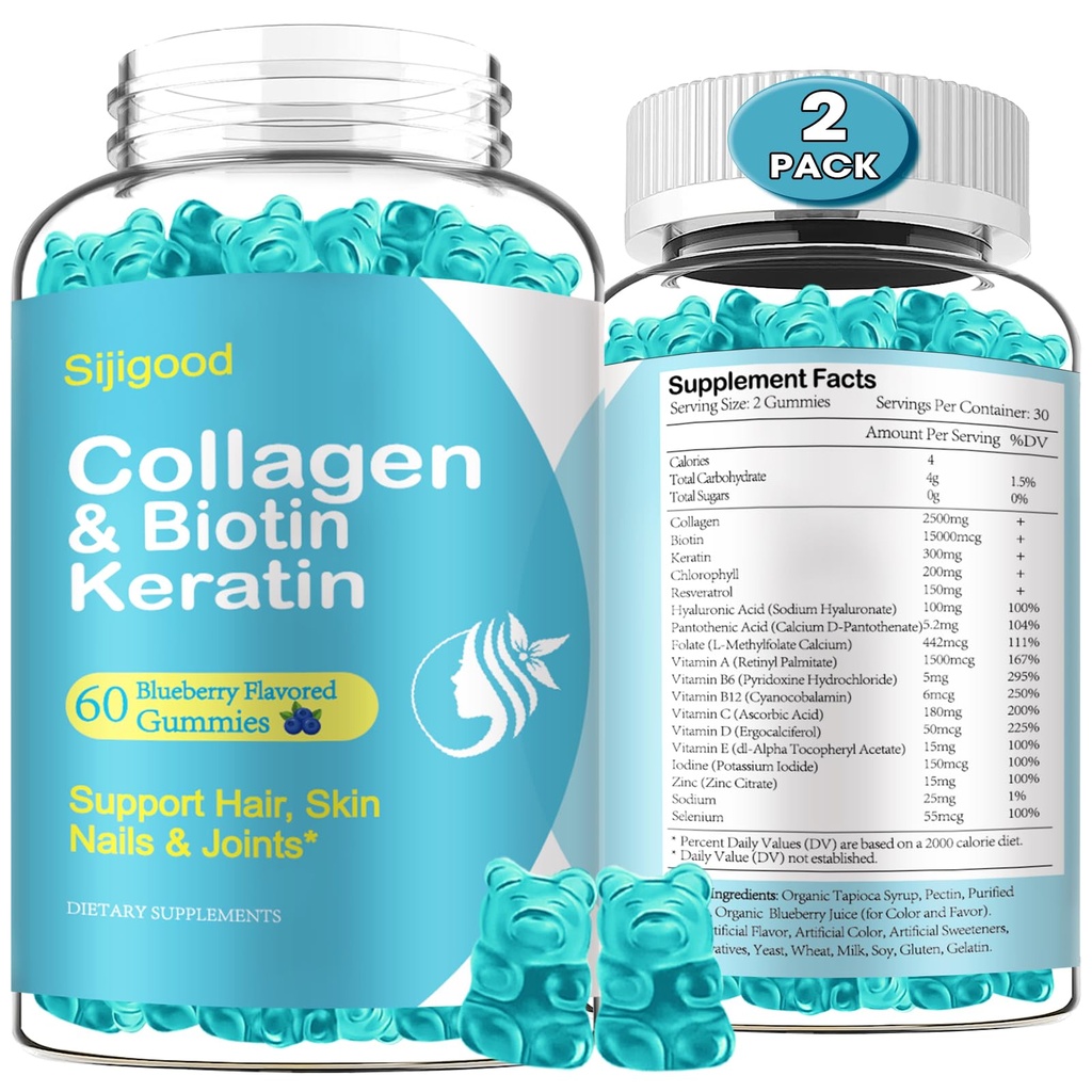2 pachet Gume de biotin cu colagen, keratina, acid hialuronic, vitamina pentru piele, cresterea parului, unghii, Femei Bărbaţi Adulţi Copii - aroma de afine, 120 gume