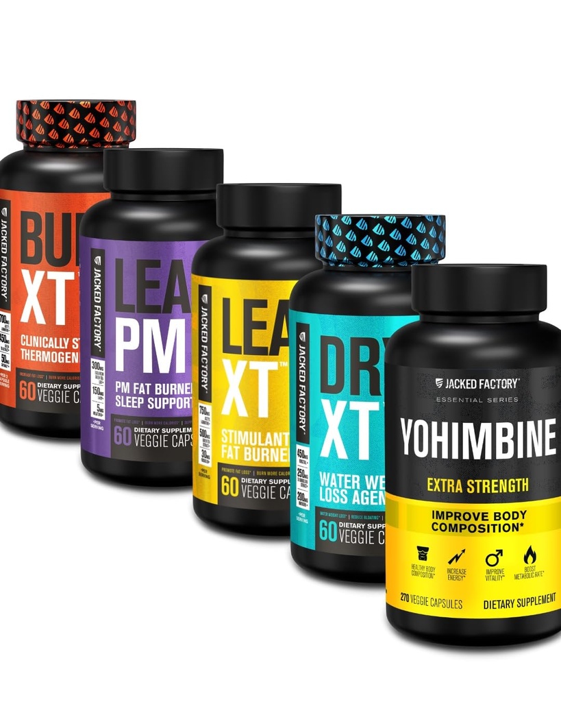 Fabrica Jacked Fabrica termogenic Fat Burner pierdere în greutate Supliment - Burn-XT Termogenic și Lean PM Nighttime Pierdere în greutate Ajutor de somn - Lean-XT Cafeina-Free Fat Burner, Yohimbine Capsule, Dry XT Diuretic