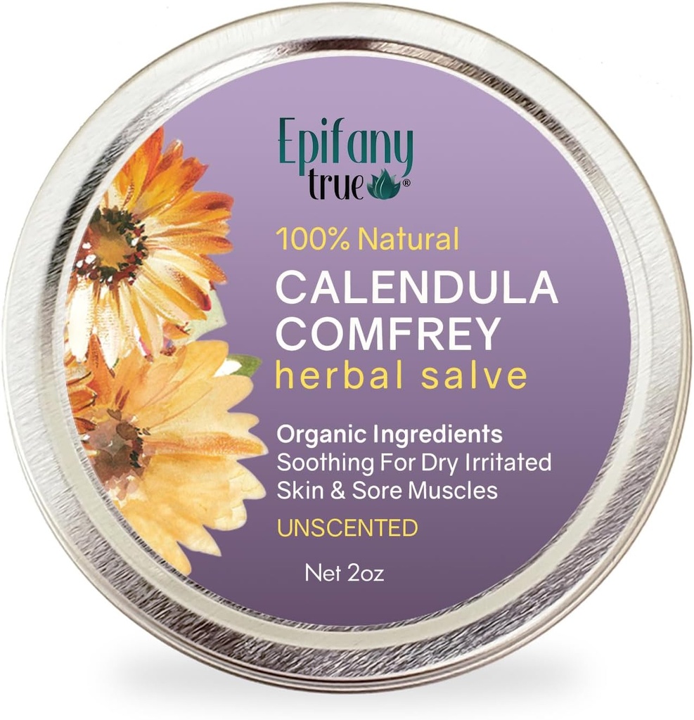 All-Purpose Calendula & Comfrey Herbal Salve 2oz, Fragrance Free, Nature Herbal Ointment, Skin Soothing Balm, Itch Relief, Ingrediente organice