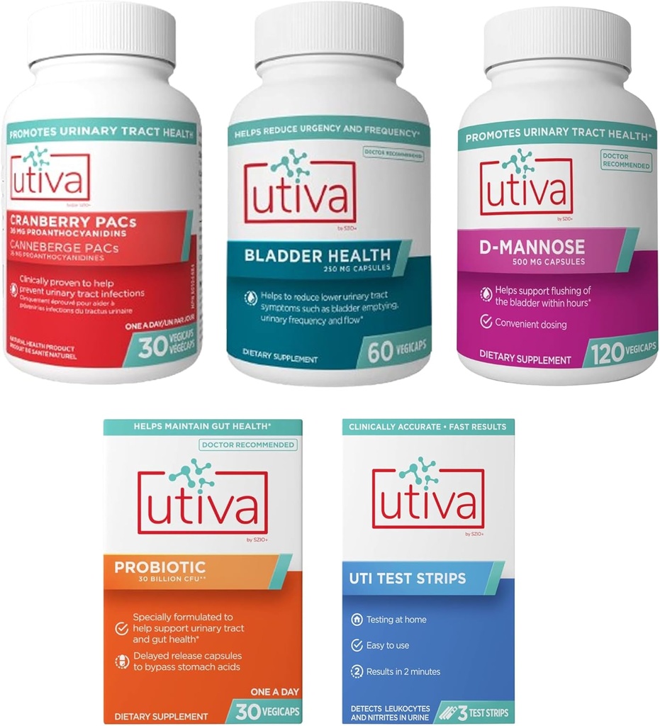 15% Bundle Utiva Cranberry PACs 30 Vegi Capsule + Utiva Bladder Health 60 Capsule + Utiva D- Manose 500mg 120 Capsule + Utiva Probiotic 30 Capsule Vegi cu eliberare întârziată + Utiva UTI Stripuri de încercare