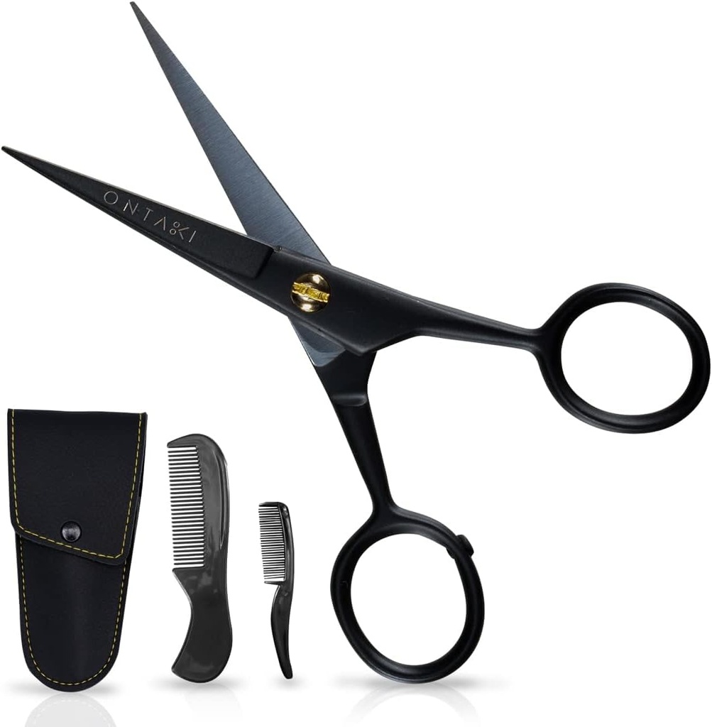 Ontaki Mustață Foarfece pentru bărbați - 5-inch, Negru - German High-Carbon Steel Bevel-Edge pentru precizie - Foarfece cu barbă - Include kit de înromare cu mustață și pieptene cu barbă și cărare Pouch