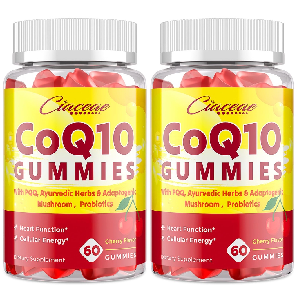 CoQ10 Gummies cu PQQ - 400 MG Coenzime Q10 Mare Potență, Îmbunătățit cu plante aromatice ayurvedice, Adaptogene Mushroom Blend & Probiotice pentru inimă, creier, energie, Imunitate, Aroma de cireșe, 120 Vegan Gummies