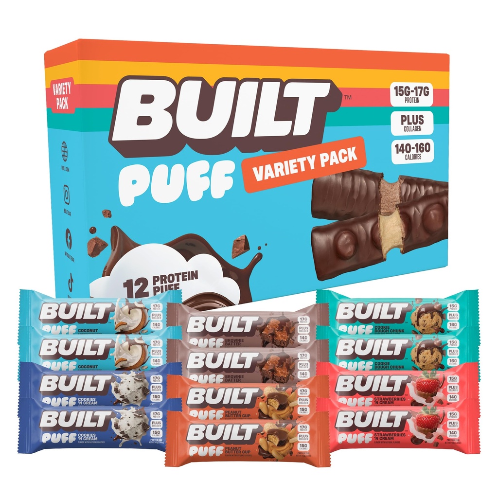 Bar construit, Puff Proteine Baruri, Variety Pack, Colagen, On-the-go Snacks, Mic dejun Bar, Mixed Sampler, 12 Pack