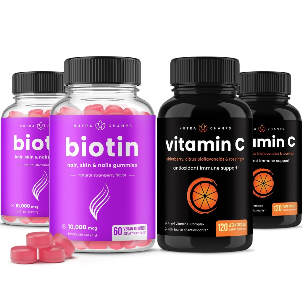 NutraChamps Biotin Gummies (2 ambalaj) şi vitamina C capsule (2 ambalaj) 4 ambalaj Bundle