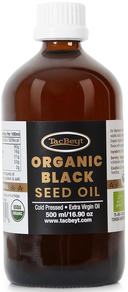 Ulei de semințe negru TacBeyt, lichid presat organic rece, 2% Thymochinonă, 100% Ulei de semințe negru turcesc original, USDA Certified, Gluten Free, Non OMG, Cold-Pressed, (original 16.90 Fl Oz)