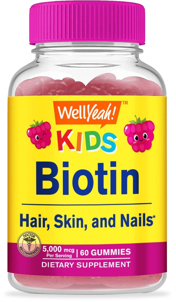 Gumiile Biotin pentru copii 5000 mcg - sustine cresterea parului, sanatatea pielii si unghiile - aroma naturala sursa - OMG gratuit, gluten gratuit - Gummy pentru baieti si fete - 60 Conte