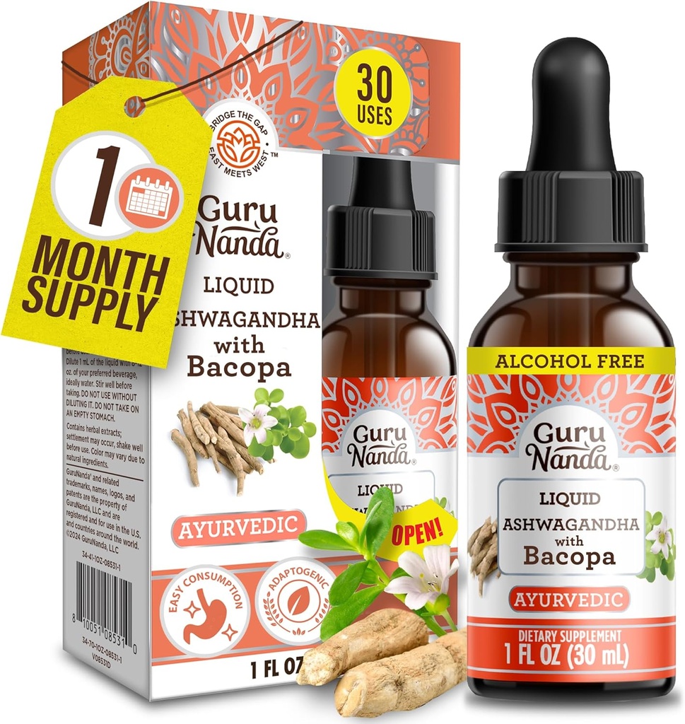 GuruNanda Liquid Ashwagandha cu Bacopa (1 Fl Oz) - Supliment alimentar natural- Drops de extract lichid - pentru bărbați și femei- Vegan și alcool-Free - SIDA în sprijinul imun, focalizare și relaxare