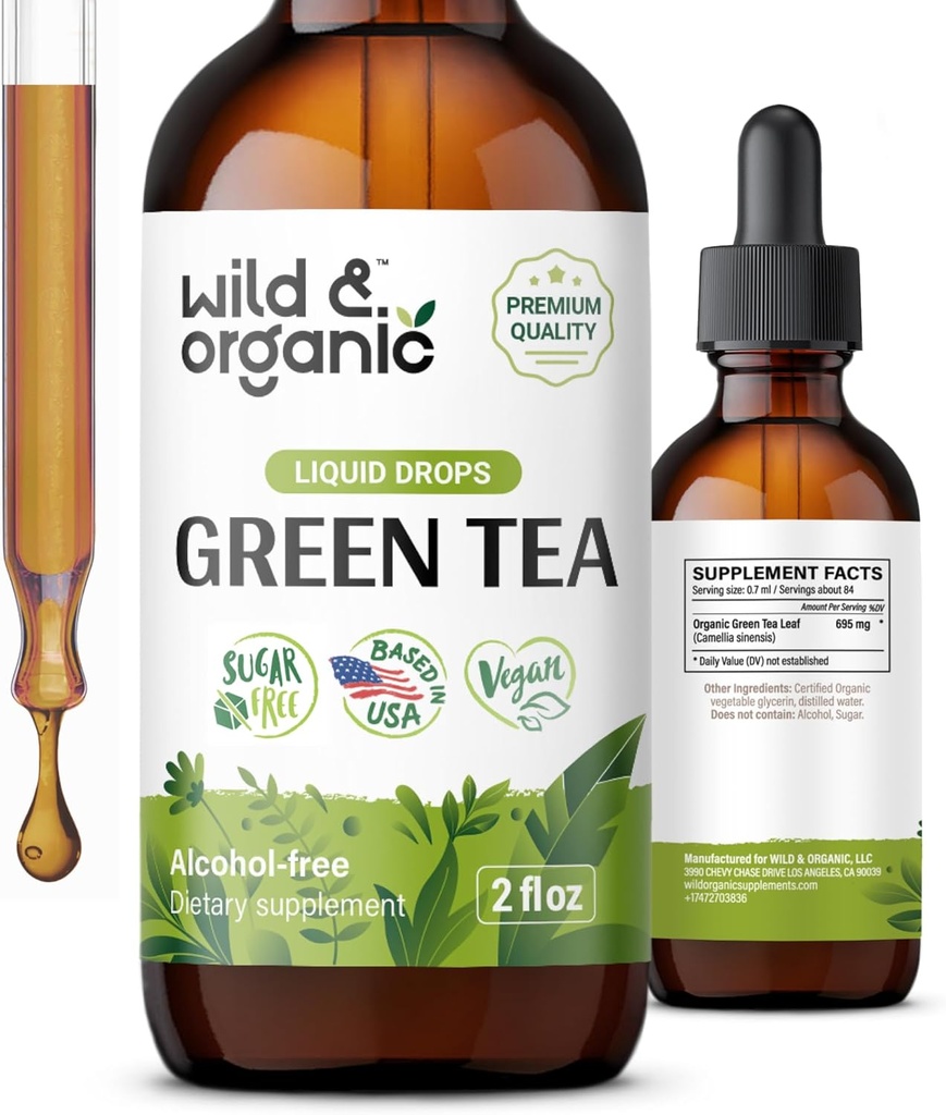 Ceai verde sălbatic și organic picături de lichid - supliment antioxidant - Suplimente naturale de ceai verde w/ Camelia Sinensis - Vegan, zahăr și alcool - 2 fl oz