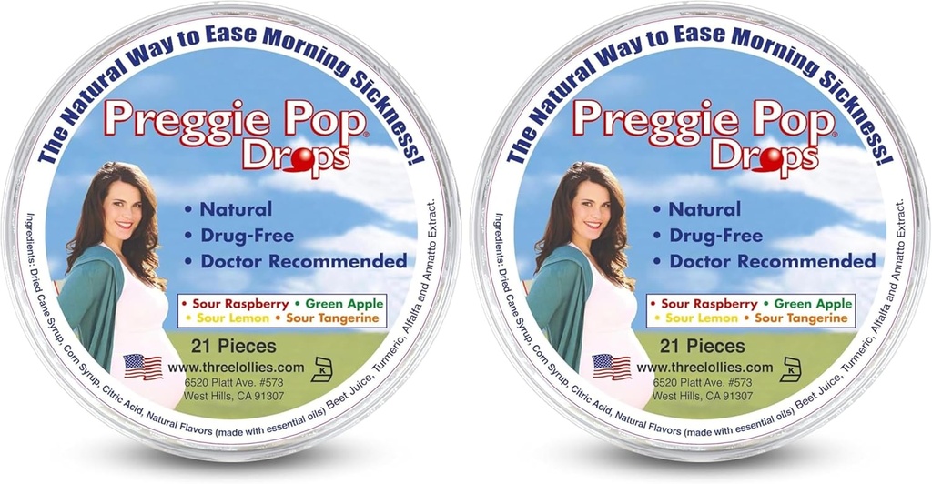 Trei Lollies Preggie Pop picături - 21 picături - Dimineață rău ajutor în timpul sarcinii - sigur pentru gravidă mama & copil - Gluten gratuit - patru arome: Lămâie, zmeură, măr verde, mandarine (Pachet de 2)