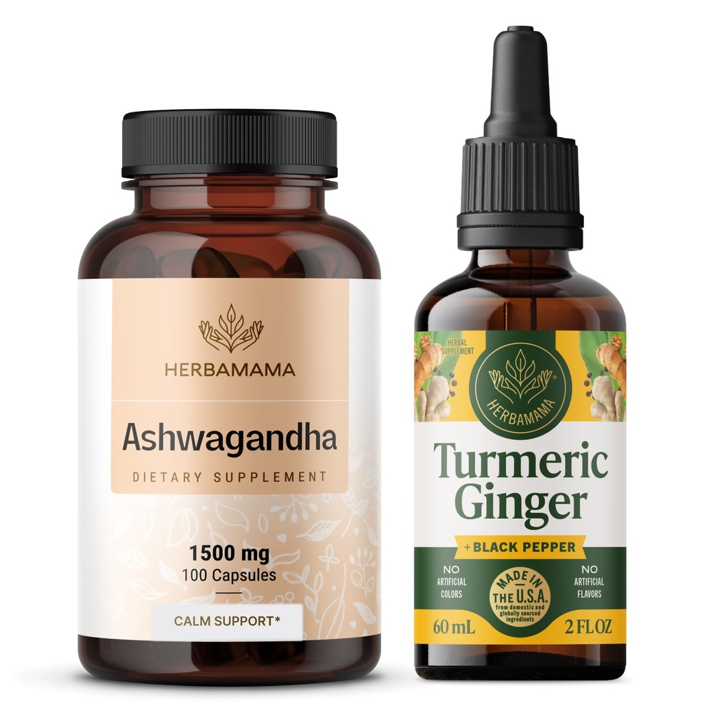 HERBAMAMA Ashwagandha și Turmeric Ginger Kit - Bundle of 1500 mg Ashwagandha Root Capsules & Turmeric Ginger Tincture 2 fl oz - Vegan, Non-GMO, Sugar & Alcool-Free - 2 Pack