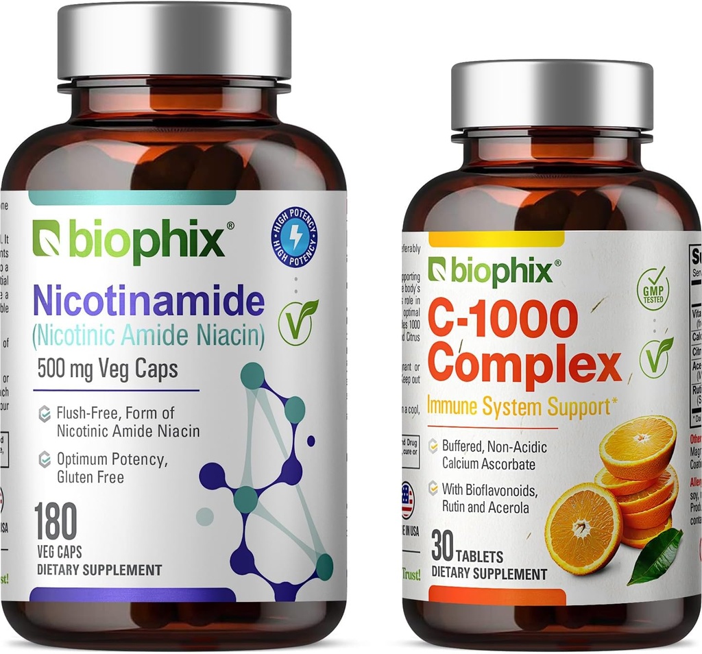 biofix B-3 Nicotinamidă 500 mg 180 Vcaps - Vitamină C-1000 30 comprimate - Nicotinică Niacin natural fără culoare fără vitamine - Susţine sănătatea celulelor pielii