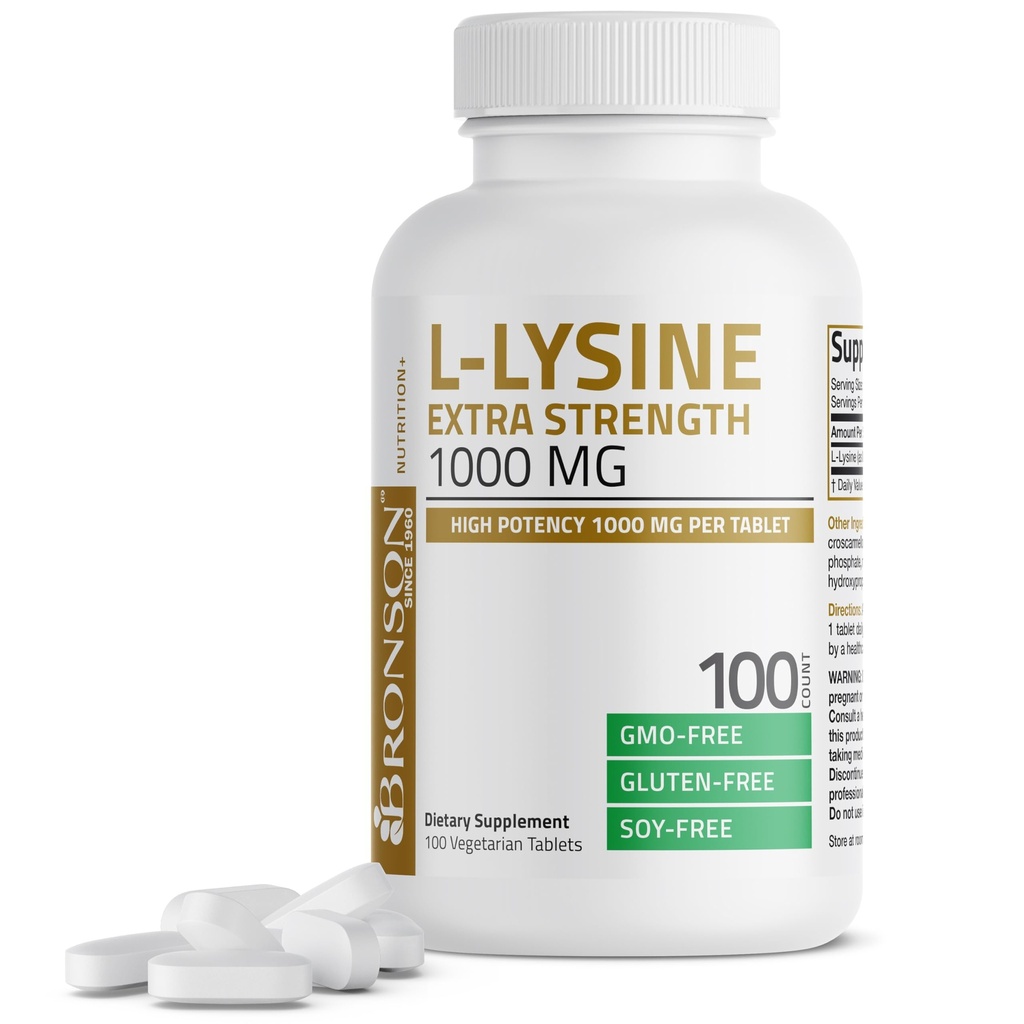 Bronson L-Lysine Extra Force 1000 MG per comprimat mare potenta, Immune Support & Supports Colagen Sinteza, Non-GMO, 100 comprimate vegetariene