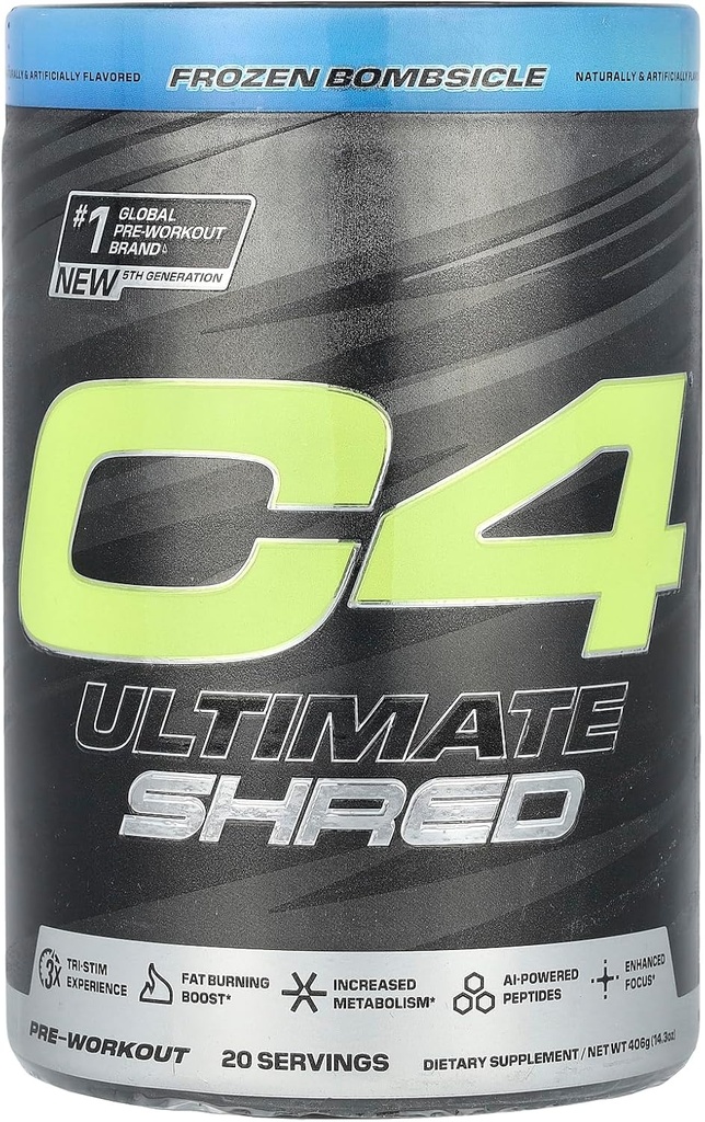 Cellucor C4 Ultimate Shred Pre Workout Pulbere, supliment metabolic cu extract de Cayenne + 300mg Cafeina + TeaCrine+Dynamine - Bombsicle congelate, 20 Serviri