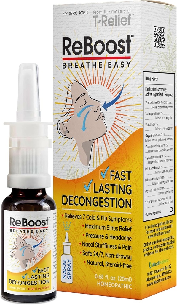 ReBoost respirație Easy Decongestion Spray Nasal Rapid-Actionare rece si gripa Symptom Relief Ingrediente homeopatice naturale Ajutor Congestionare calm, Durere de cap si presiune sinusala - 0.68 oz