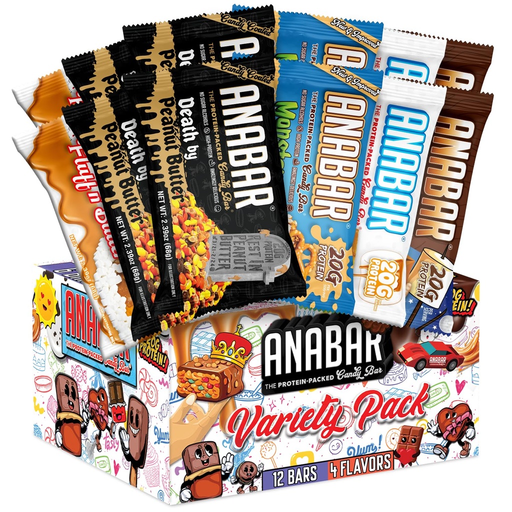 Anabar Proteine Bar, Proteina-Packed Candy Bar, Cel mai bun baton de proteine gustare din lume, Fără alcooli de zahăr, Proteină ridicată, Amazingly Delicious, 20 Grams de proteine (12 Baruri, Variety Pack)