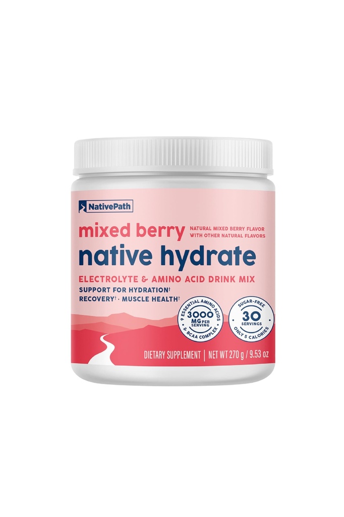 NativePath Hydrate, Zero Sugar, Electrolytes Powder cu BCAAs, Mixed Berry Hydration, Keto & Paleo Friendly, 30 Servings