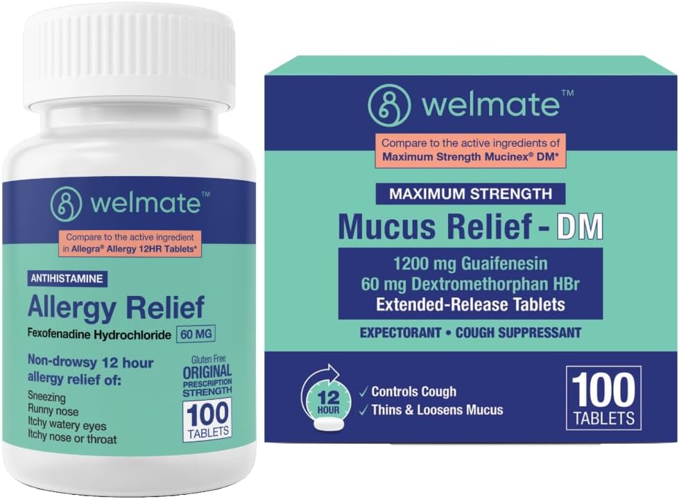 Welmate Total Respirație Bundle: Alergie Relief Fexofenadină HCl 60 mg (100 Ct) 12- Ore Antihistaminic non- Drowsy + Puterea maximă Mucus Relief DM 1200mg Guaifensin & 60mg DXM (100 Ct)