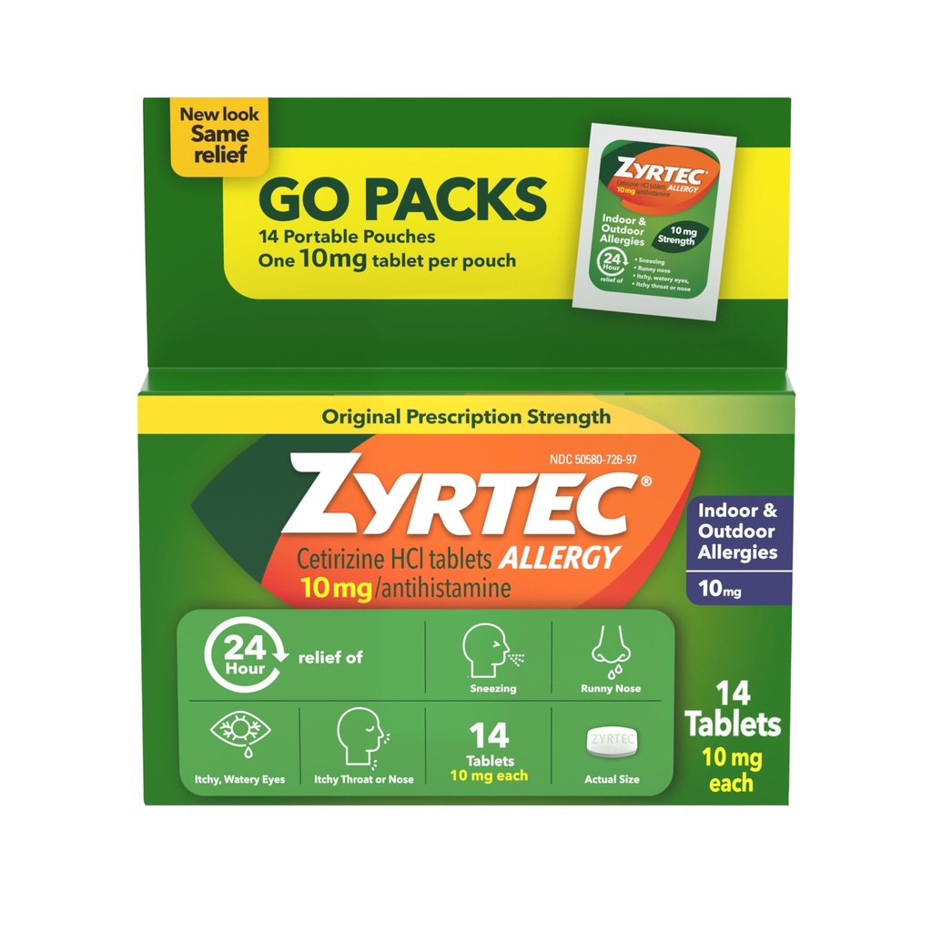 Zyrtec 24 ore Suplimente pentru alergii, Antihistaminice în interior şi în exterior Medicină antialergică + Cetirizină HCl, Relief de Runny Nose, Stranezing, & Mâncărime Ochi, Ambalaje unice, 14 x 1 ct Pachete