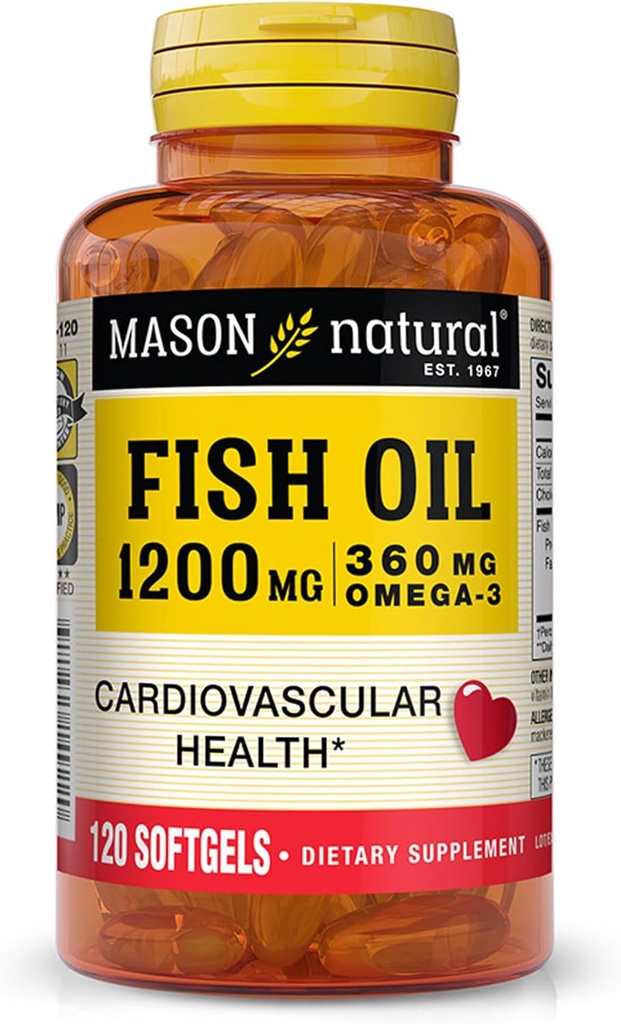 MASON NATURAL ulei de pește 1200 mg Omega-3 360 mg - inimă sănătoasă, susține funcția de circulatie, îmbunătățirea sănătății cardiovasculare, 120 Softgels