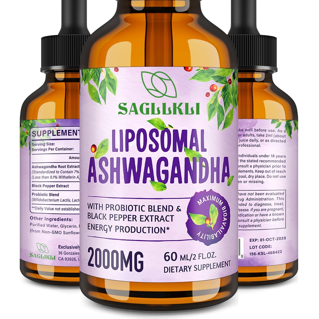 Liposomal Ashwagandha Picături lichide 2000mg, Ashwagandha Supliment extract de rădăcină (7% Witanolide) cu extract de piper negru & Probiotice pentru focus, Cognition & Energy - 2 FL.OZ (1 flacon)