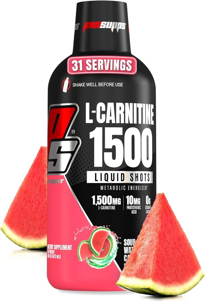 PROSUPPS L-Carnitina Liquid 1500, Stimulant-Liquid Shots gratuit pentru bărbaţi şi femei - Clean Pre-Workout băutură pentru energie, performanţă şi recuperare musculară - Fără zahăr, fără carbohidraţi - 31 Serviri, Pepene Candy