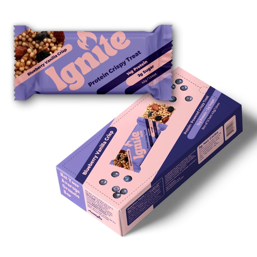 Ignite Baruri Crispy Keto Rice Treat - Proteine ridicate, zahăr scăzut și carbohidrați scăzut Snack - Vina gratuit alimente și fibre Baruri prietenoase pentru adulți sănătoși (Blueberry Vanilla Almond)