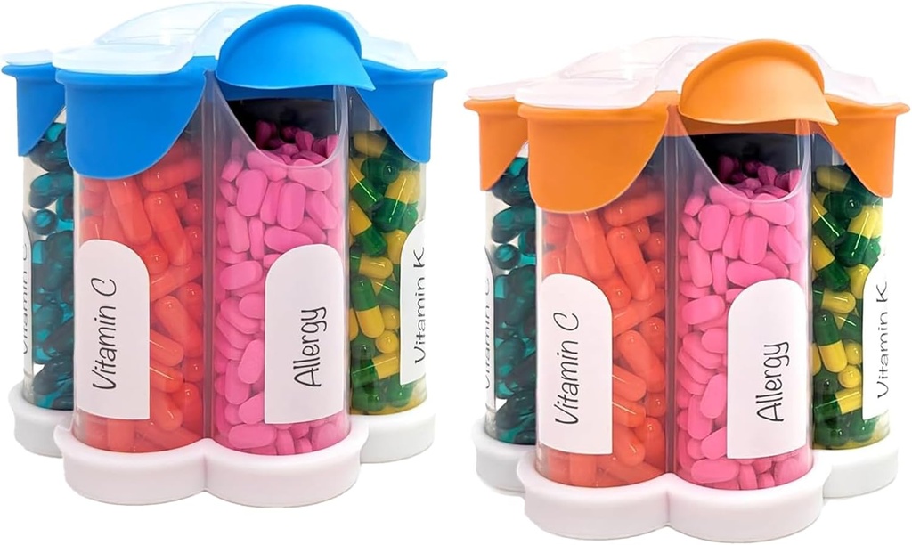 Extra Large Pill Organizator Zilnic, Săptămânal, Lunar Supliment flacon, Cute Blossom Pilula Dispenser cu 7 XL Compartimente (2 Pack Combo) (Light Blue and Orange)