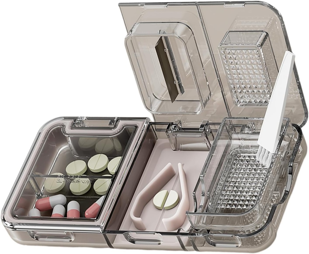 CFMOUR 3-in-1 Pilula Cutter Splitter pentru pastile mici sau mari mici, Crusher Grinder cu pulbere Perie Grind Tablets, Pilula Carrier pentru Pastile de depozitare, Mills pentru vârstnici, Copii & Pets, Negru