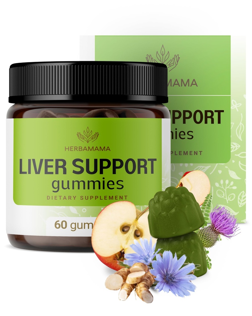 HERBAMAMA de sprijin pentru ficat Gumies - Herbal Complex pentru Detoxifiere Ficat și Cleanse - Vegan, non-GMO Supliment de sprijin global - 60 Pectin-Based Apple-Flavored Chews
