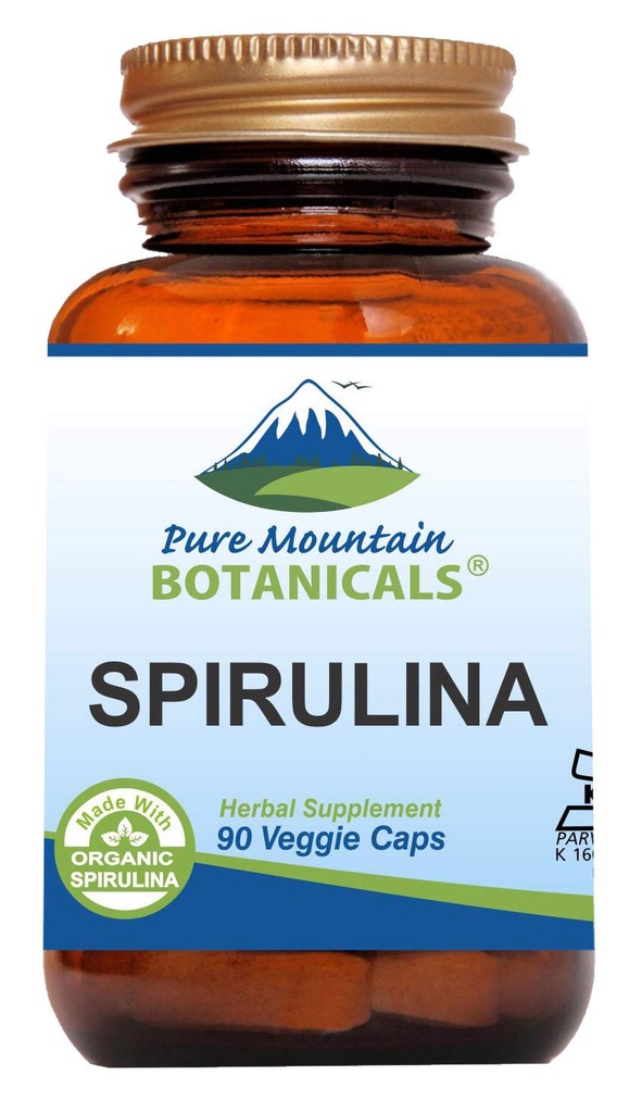 Pure Mountain Botanicals Capsule Spirulina - 90 Kosher Vegan Caps - Acum cu 450mg Organic Spirulina pulbere - Suplimentul de Superalimente Naturale