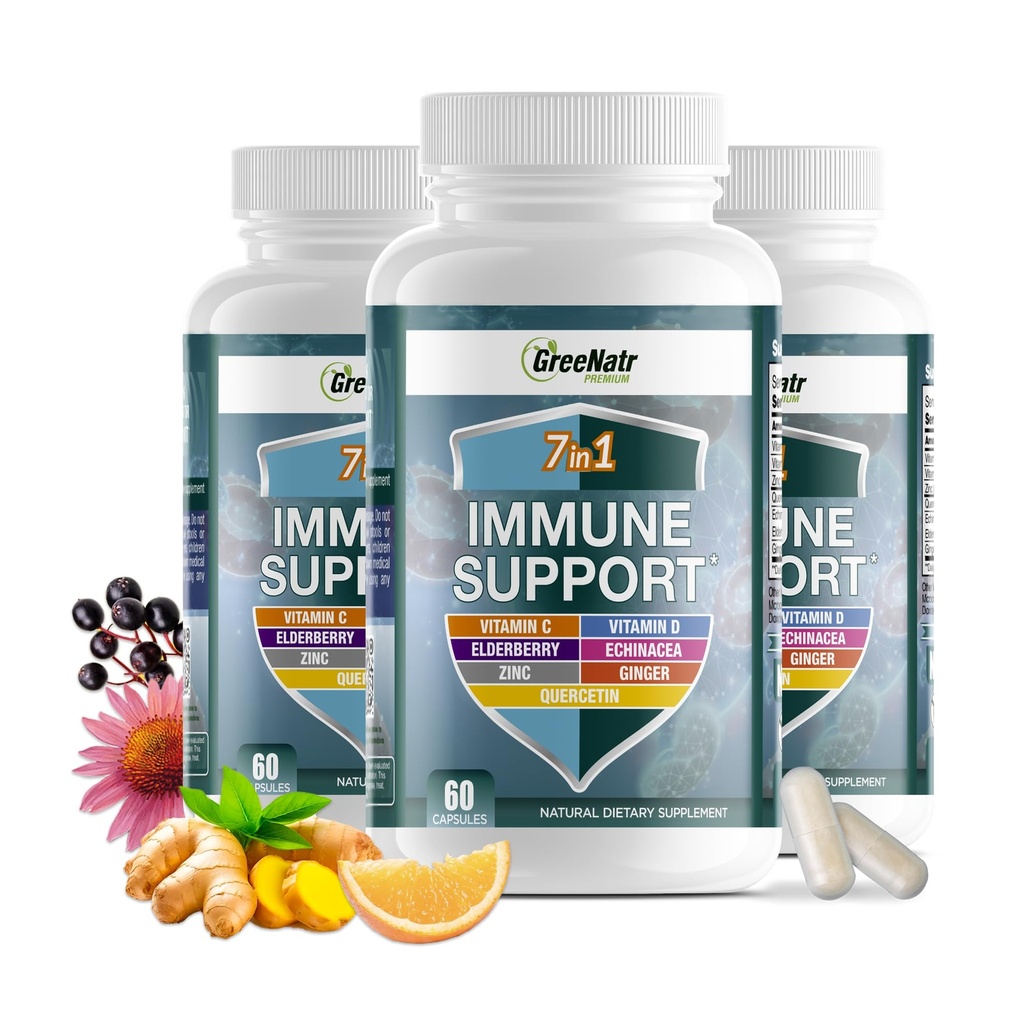 GreeNatr Immune Supplement with Vitamina C, D3, Zinc 50mg, Querbetin, Echinacea Purpurea, Sambucus Elderberry and Ginger for Complete Immune Defense - 60 Capsule (3 Sticle)