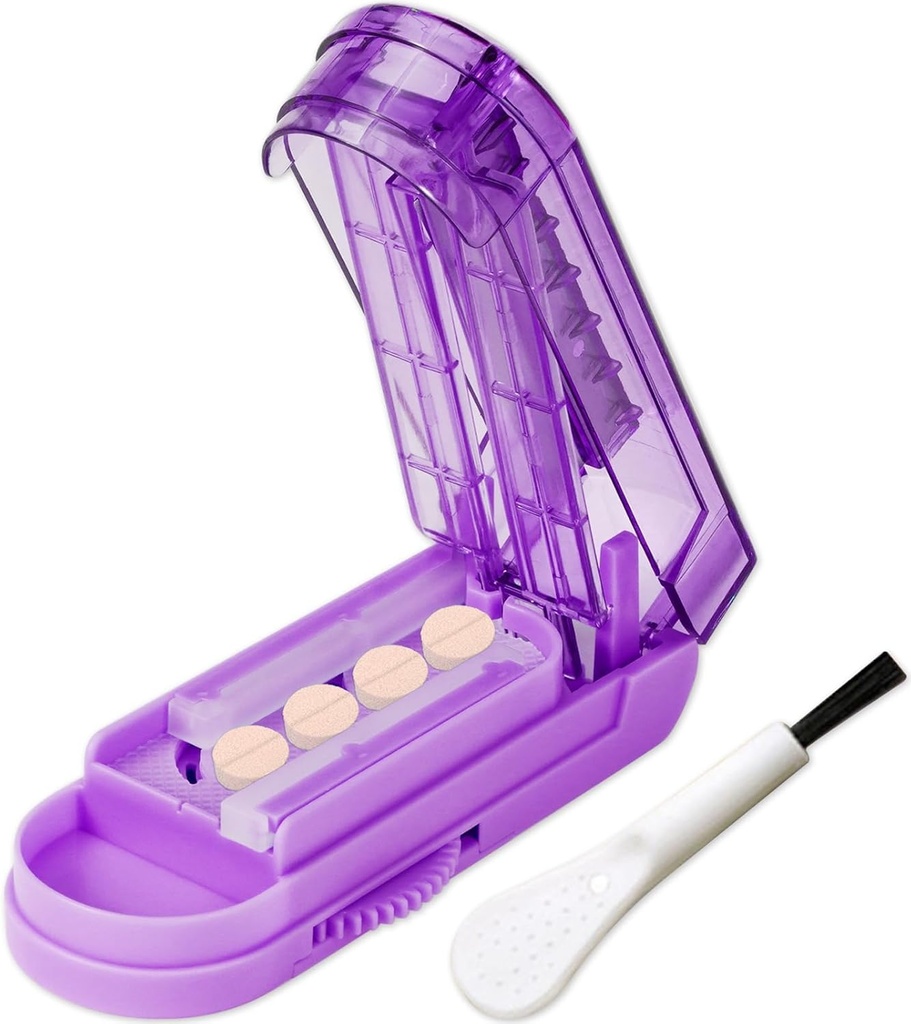 JohnBee Pill Cutter Splitter pentru pastile mici și mici. Lama ascutita cu garda de siguranta. Margine de silicon nealunecat (Mov negru)