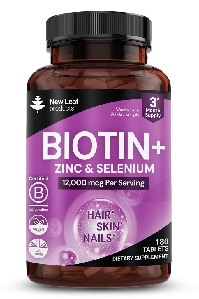 Biotina cresterea parului Vitamine 12000mcg Putere mare cu ulei de nuca de cocos - Promoveaza sanatoasa piele de par si unghii - Vitamine Biotin pentru femei si barbati Vegan, Gluten Suplimente gratuite - Made in Marea Britanie de New Leaf