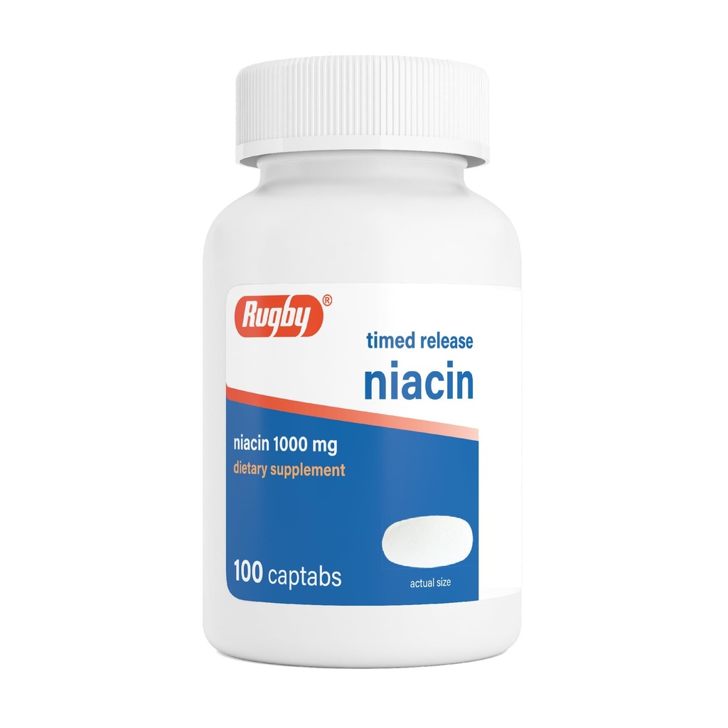 Rugby Timed-Release Niacin 1000 mg Supliment alimentar pentru adulți pentru energie, Circulație și suport metabolic, 100 Captabs (Pachet de 1)