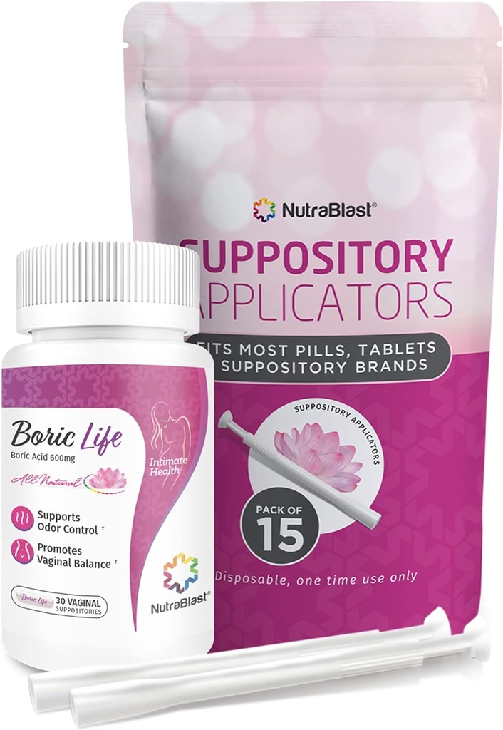 NutraBlast Acid boric Sabitoare vaginale 600mg Bundle cu aplicator, 30 Samplers & 15 Aplicatoare - Feminine Care - Made in USA