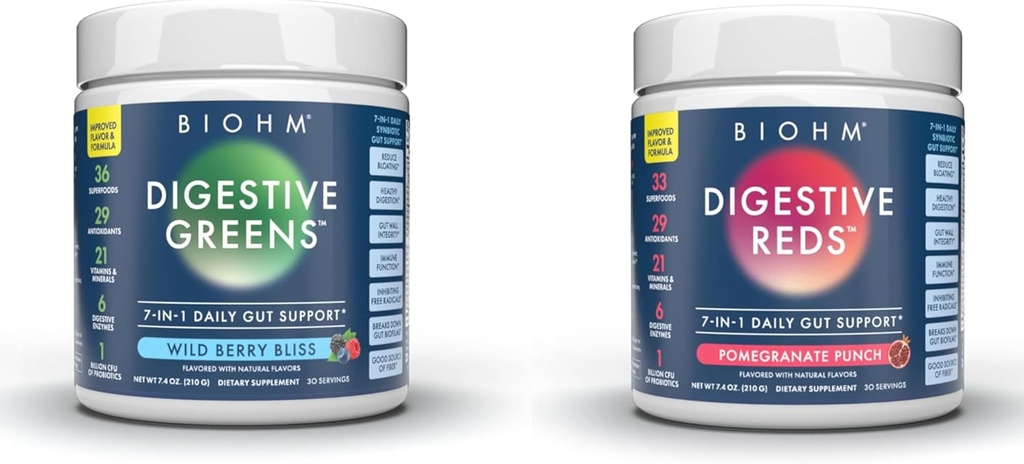 BIOHM Essential Bundle, Digestive Reds and Greens, Superfood Powder, Antioxidanti, Vitamine, Probiotice, Digestive Health for Men and Women, Digestion Supplement with Enzymes, 30 Servings Fiecare