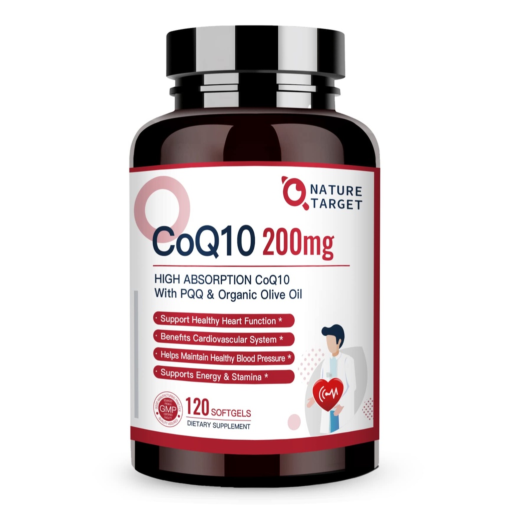 Nature TARGET CoQ10-200mg-Softgels + PQQ cu Organic-Olive-Oil - High Absorbtion-Cozyme-Q10 - Antioxidant-for-Heart-Health and Immune Support, Energy Production, 120 Servings