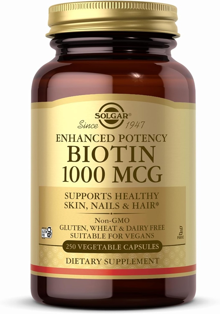 Solgar Biotin 1000 mcg - 250 Capsule vegetale - Suporturi Sanatos Piele, Nails & Hair - Non-GMO, Vegan, Gluten Free, Dairy Free, Kosher - 250 Serviri