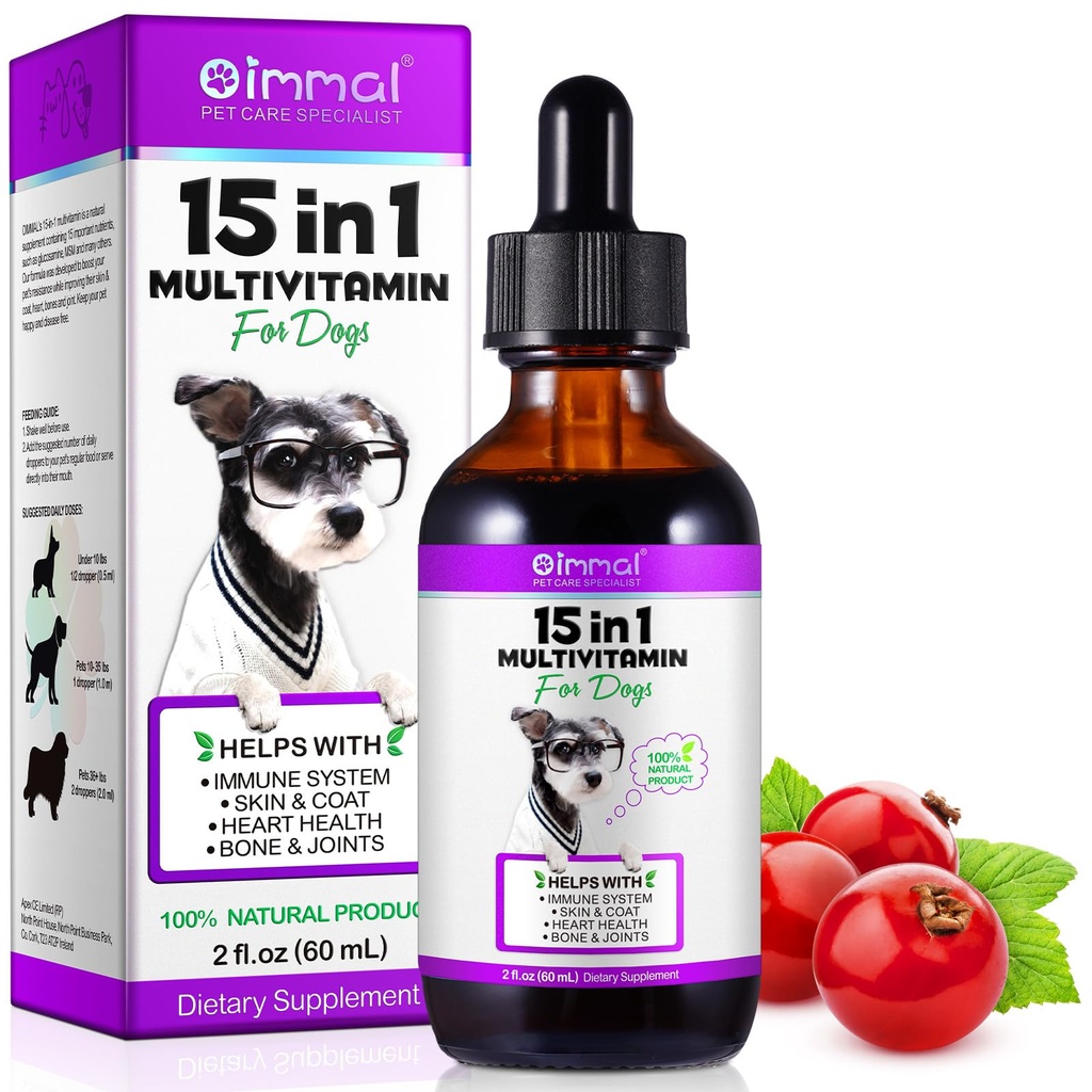 15 din 1 caine Multivitamine, All-in-One Multi-Liquid Multivitamine pentru câini, Vitamine de câine și Supliment cu Digestive, Imunitate, Allergie Skin & Coat Support, Hip & Joint, Toate vârstele, Rase 2 oz
