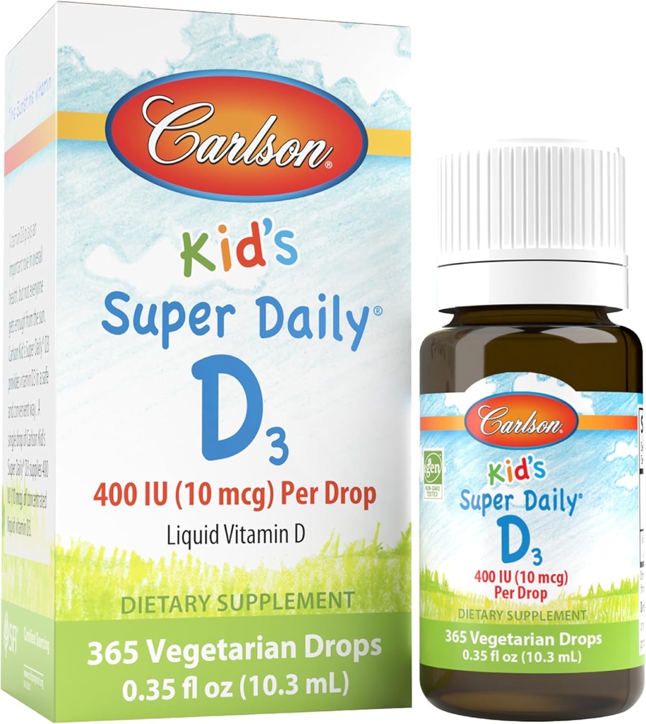 Carlson - Kid Super Daily D3, Vitamina D picături pentru copii, 400 UI pe picătură, 1 an de aprovizionare, Heart & Immune Health, Vegetarian, lichid de vitamina D picături, neflavorat, 365 picături