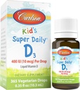 Carlson - Kid Super Daily D3, Vitamina D picături pentru copii, 400 UI pe picătură, 1 an de aprovizionare, Heart & Immune Health, Vegetarian, lichid de vitamina D picături, neflavorat, 365 picături