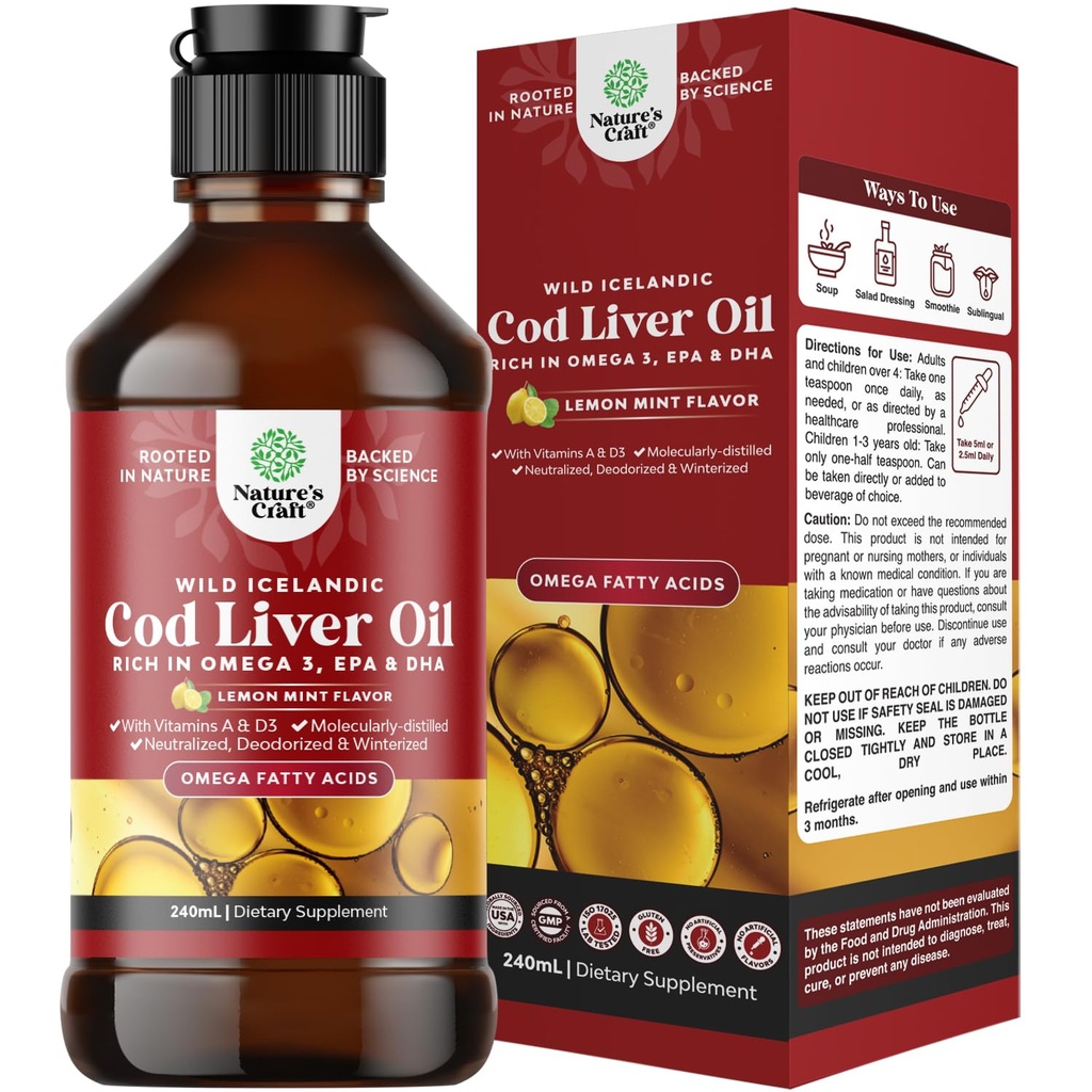 Islandez Wild Caught Cod lichid ulei de ficat - picături de ulei de pește cu Omega 3, EPA, DHA, vitamina D & A - lichid Cod supliment hepatic pentru inimă, comun, Brain & Immune suport - 240 ml (8 Ounce)