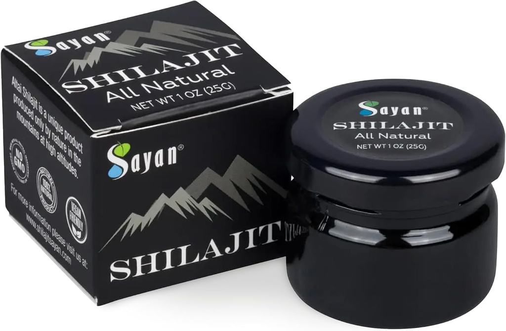 Sayan Pure Shilajit Resin 1oz/25g, Borcan de sticlă, 250 Serviri - Potent Organic Acid fuzelic - Sprijină Sistemul imunitar, Memorie, Focus, și oferă energie naturală, Detox - Vegan, Non-GMO