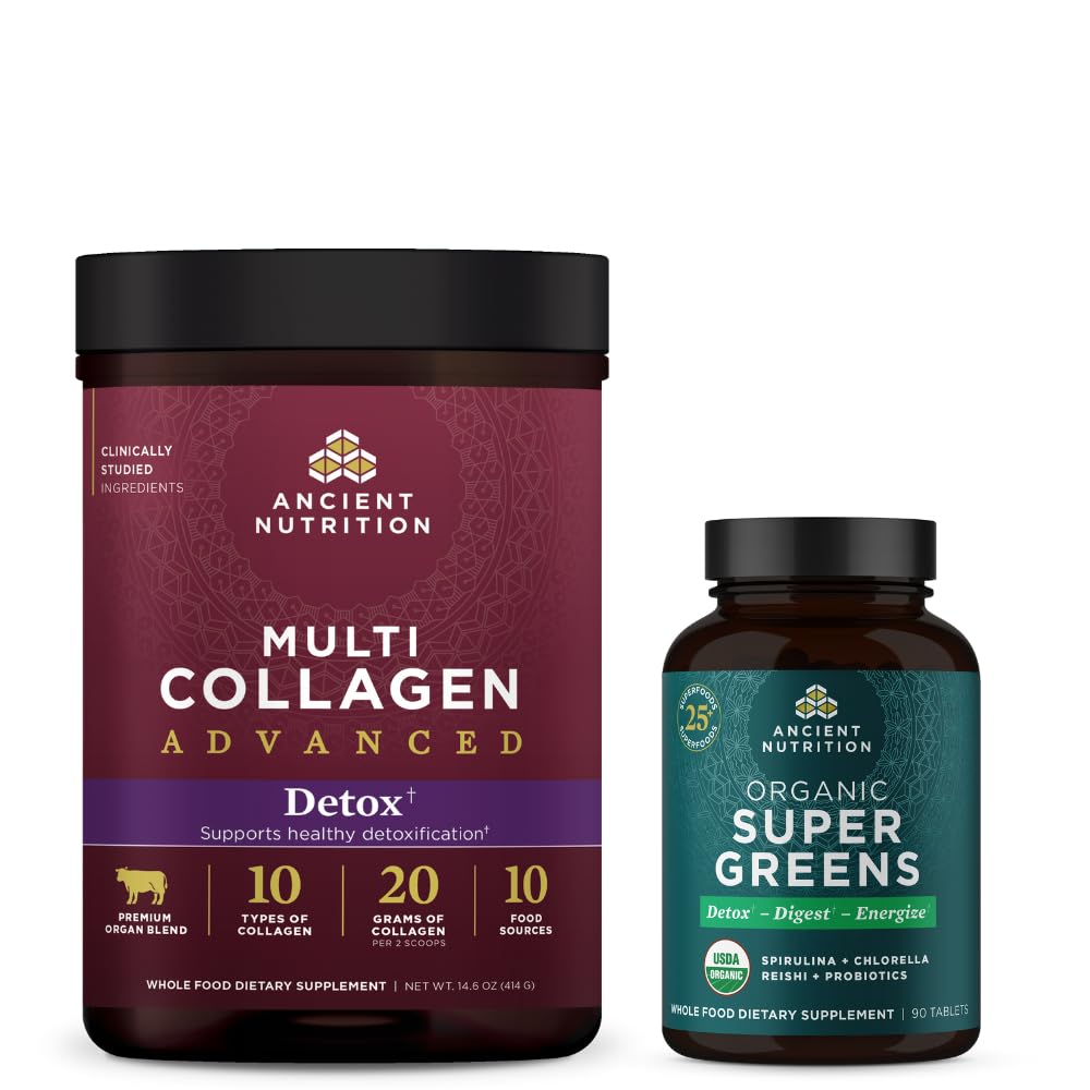 Nutriție veche Multi Colagen Pulbere avansată Curățați & Detoxifiere, Nearomate, 36 Serviri + Super Greens organice comprimat 90 Conte