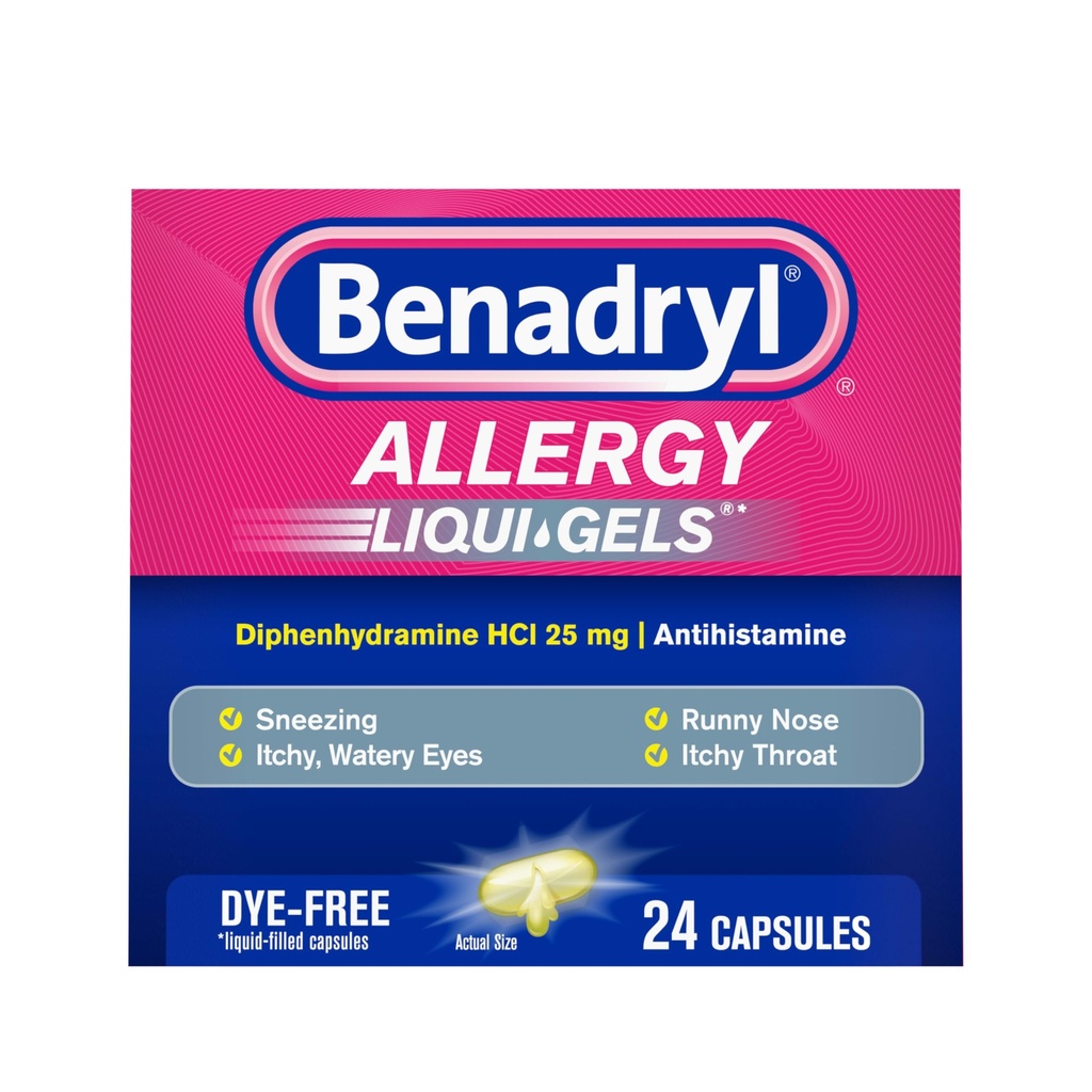 Benadryl Liqui-Gels Medicamente pentru alergii, capsule cu gel lichid liber cu 25 mg de clorhidrat de difenhidramină Antihistamină pentru ameliorarea alergiilor şi simptome reci Ca Runny Nas & Strănut, 24 ct