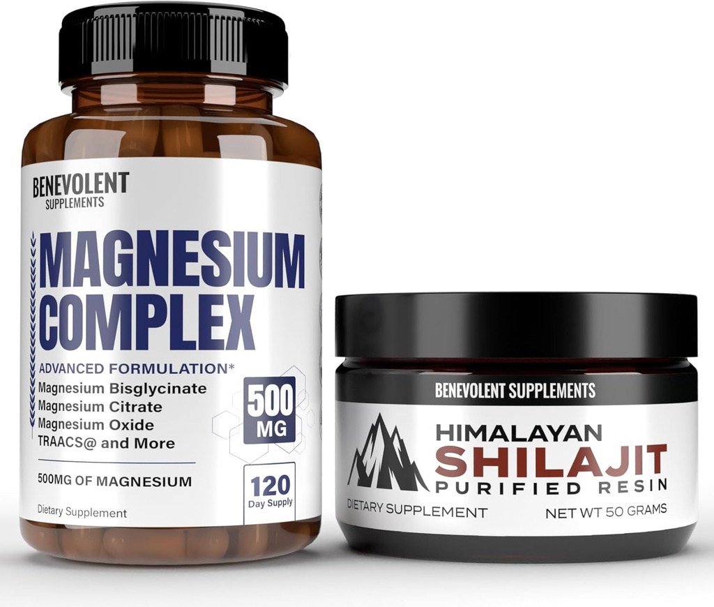 Complex de magneziu cu 5 cele mai bune forme & Himalayan Shilajit Resin - 4 Luna Aprovizionare de 500 mg glicinat de magneziu, oxid, Taurat, Chelat, Citrat de magneziu - 85+ Trace Minerale pentru Energie