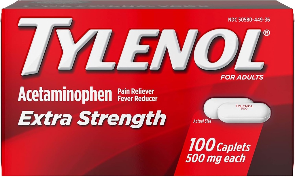 TYLENOL extra Putere Durere Reliever & Fever Reductor 500 mg, Caplets 100 ea Pachet de 2