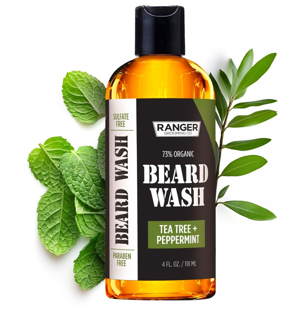 Leven Rose Beard Wash Shampoo by Ranger Grooming Co, Sulfate Free Natural Beard Cleanser & Balsamer for Men, Tea Tree & Peppermint for Growth & Grooming, Paraben Free 4 oz