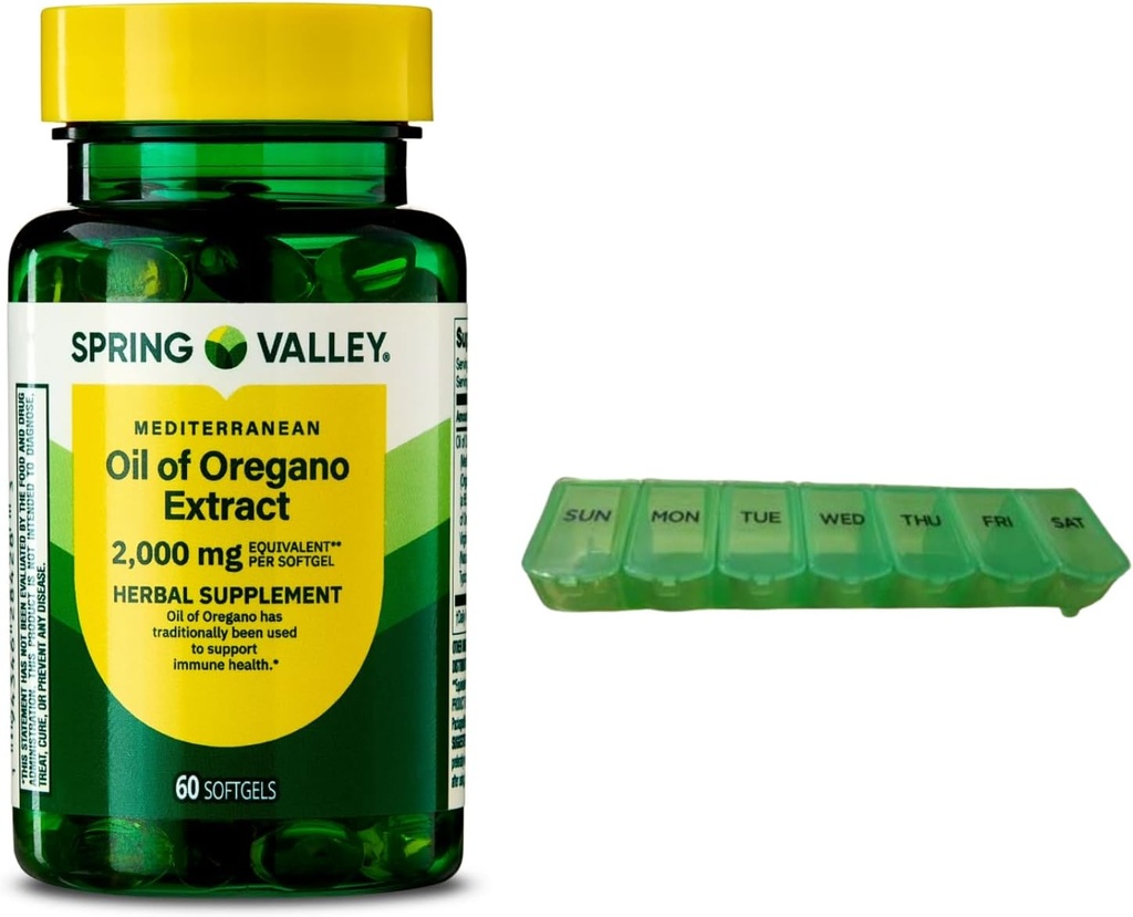 Spring Valley Ulei mediteranean de Oregano 2000 mg 60 Softgels pentru sănătate imună cu organizator de pastile