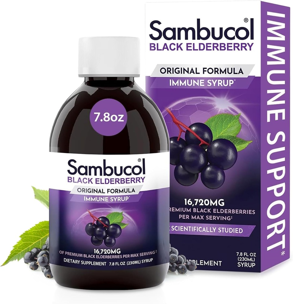Sambucol Black Elderberry Syrup - Sambucus Elderberry Syrup pentru adulți Suport imun, Elderberry Liquid, Elderberry Extract, Gluten Free - 7,8 Fl Oz